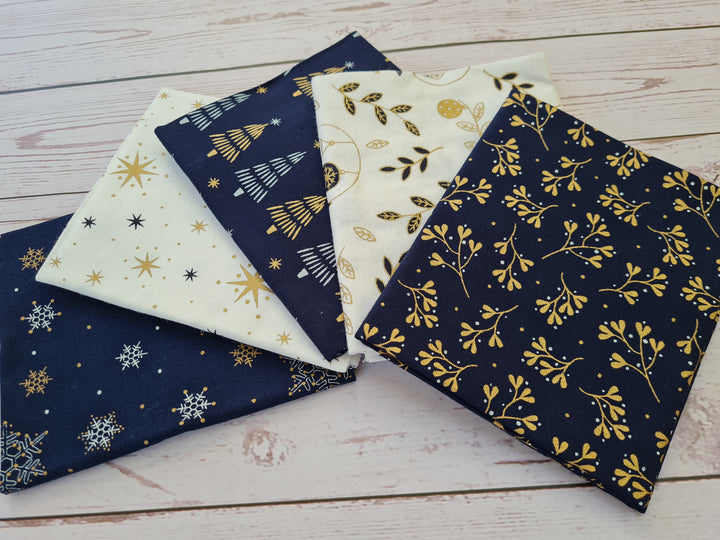 5 Pack Navy & Gold Metallic Christmas 18" X 22" Fabric, 100% Cotton Fat Quarters