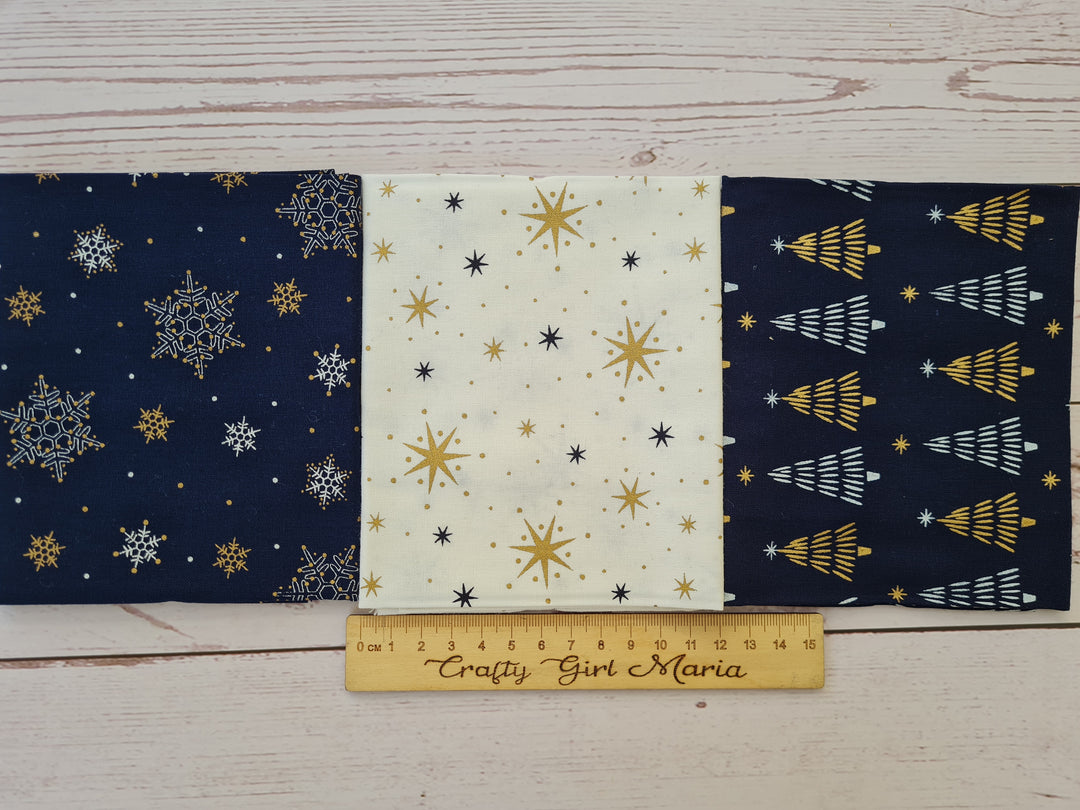 5 Pack Navy & Gold Metallic Christmas 18" X 22" Fabric, 100% Cotton Fat Quarters