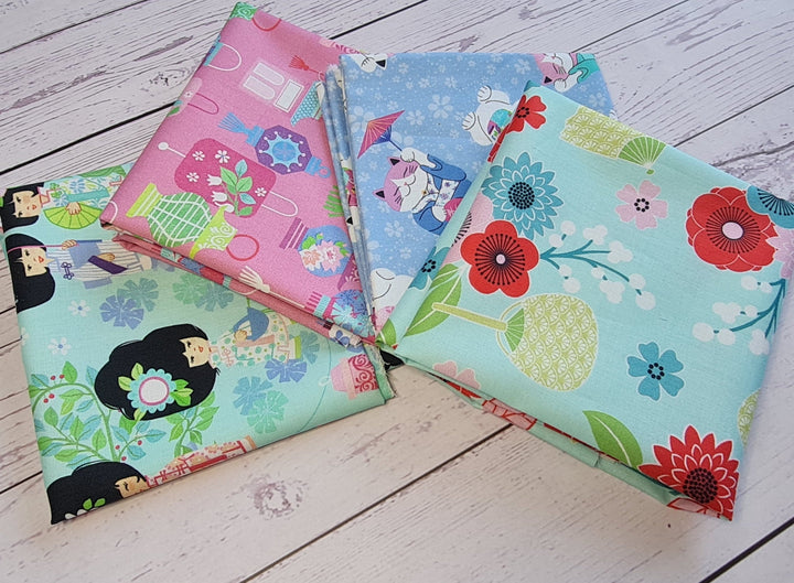 Geisha Girl By Michael Miller. Japanese floral, good fortune cat cotton fabric per 1/2M