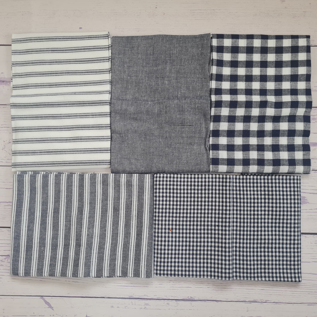 Navy Blue White Check/Plaid Ticking Stripe fat quarter bundle quilting craft cotton fabric