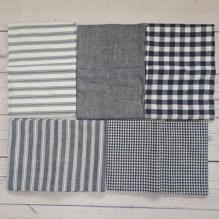 Navy Blue White Check/Plaid Ticking Stripe fat quarter bundle quilting craft cotton fabric