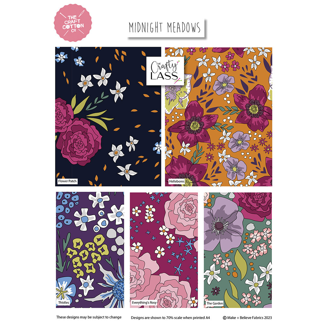 Midnight Meadows floral 5 x fat quarter bundle craft cotton, quilting fabric.