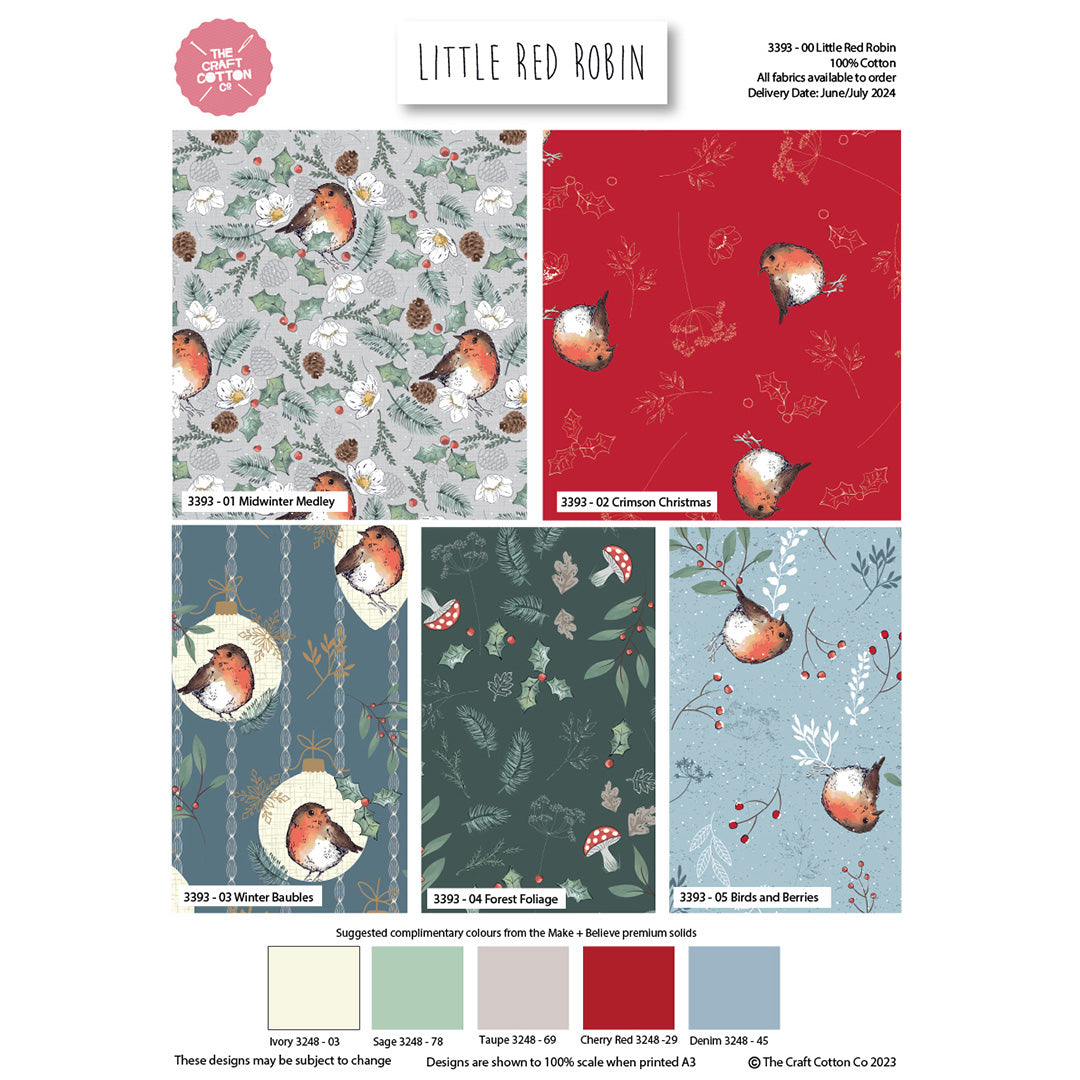 Little Red Robin Christmas cotton fat quarter bundle of 5 quilting fabrics.