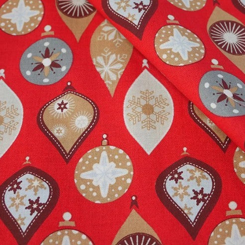 Christmas Teardrop Baubles on Red Cotton fabric per metre
