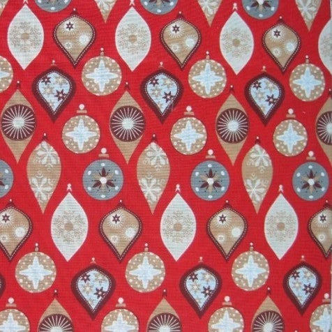 Christmas Teardrop Baubles on Red Cotton fabric per metre