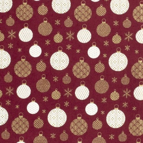 Metallic Christmas Baubles on Wine Cotton Poplin per metre