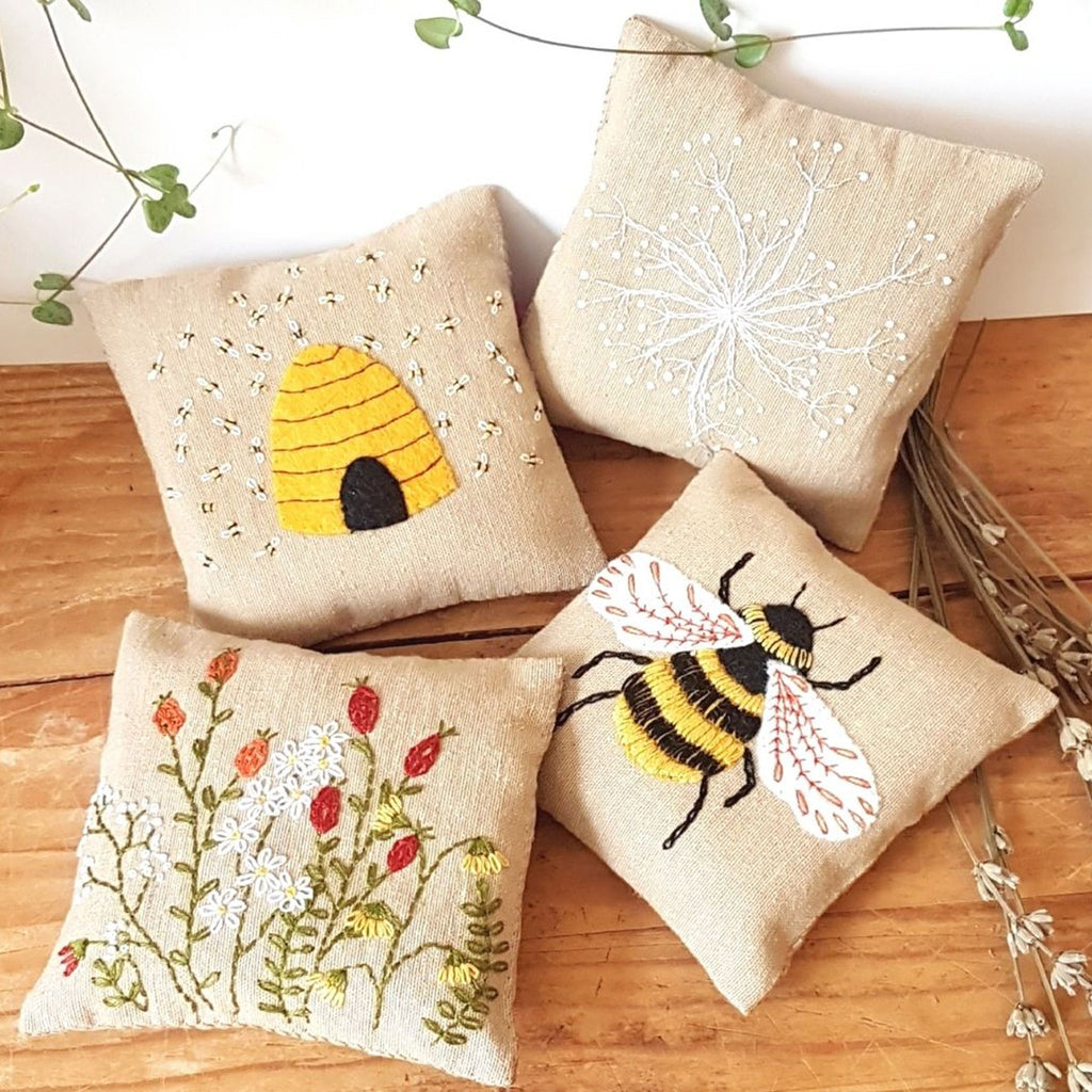 Linen Lavender Bags Embroidery Kit - Bees by Corinne Lapierre, UK.