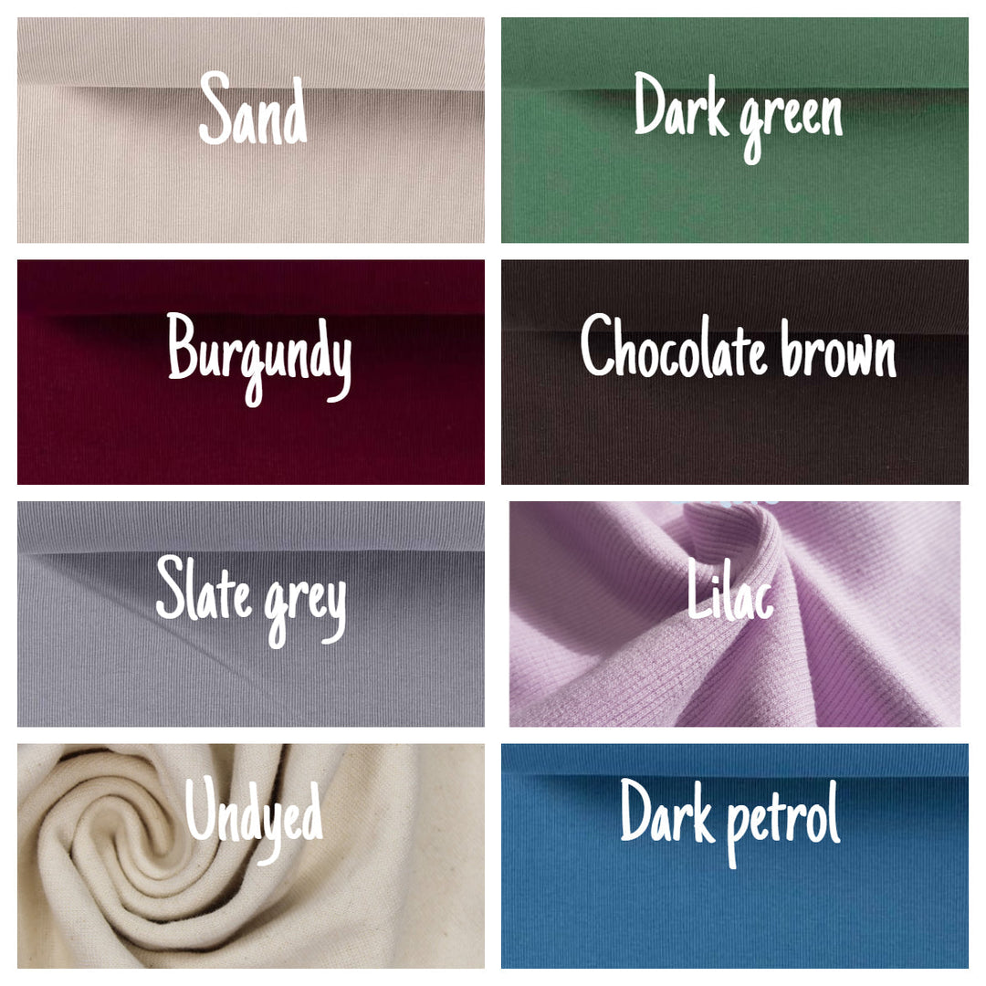 Tubular jersey ribbing knit cotton Oeko-Tex fabric. Ribbed cuffing, waistbands sold per 1/2m