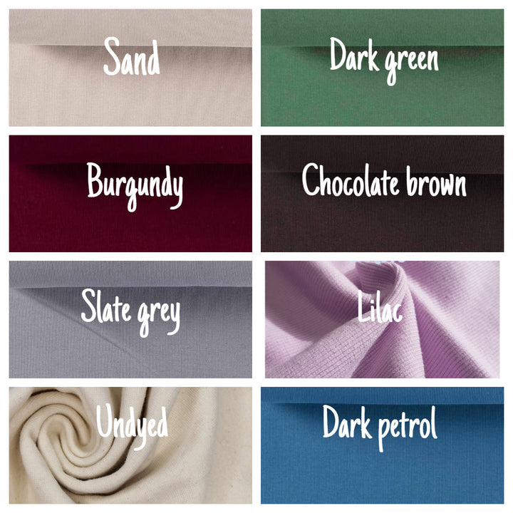 Tubular jersey ribbing knit cotton Oeko-Tex fabric. Ribbed cuffing, waistbands sold per 1/2m