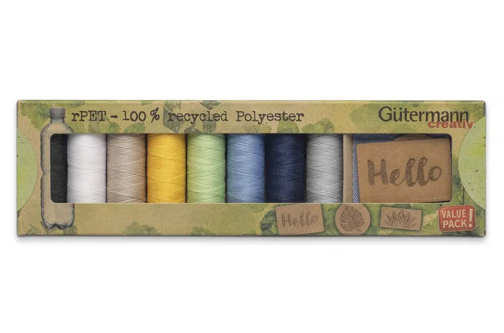 Gutermann Sew-All 100% Recycled Polyester Assortment Sewing Thread Set 100mtr x 8 reels PLUS Sew in Labels