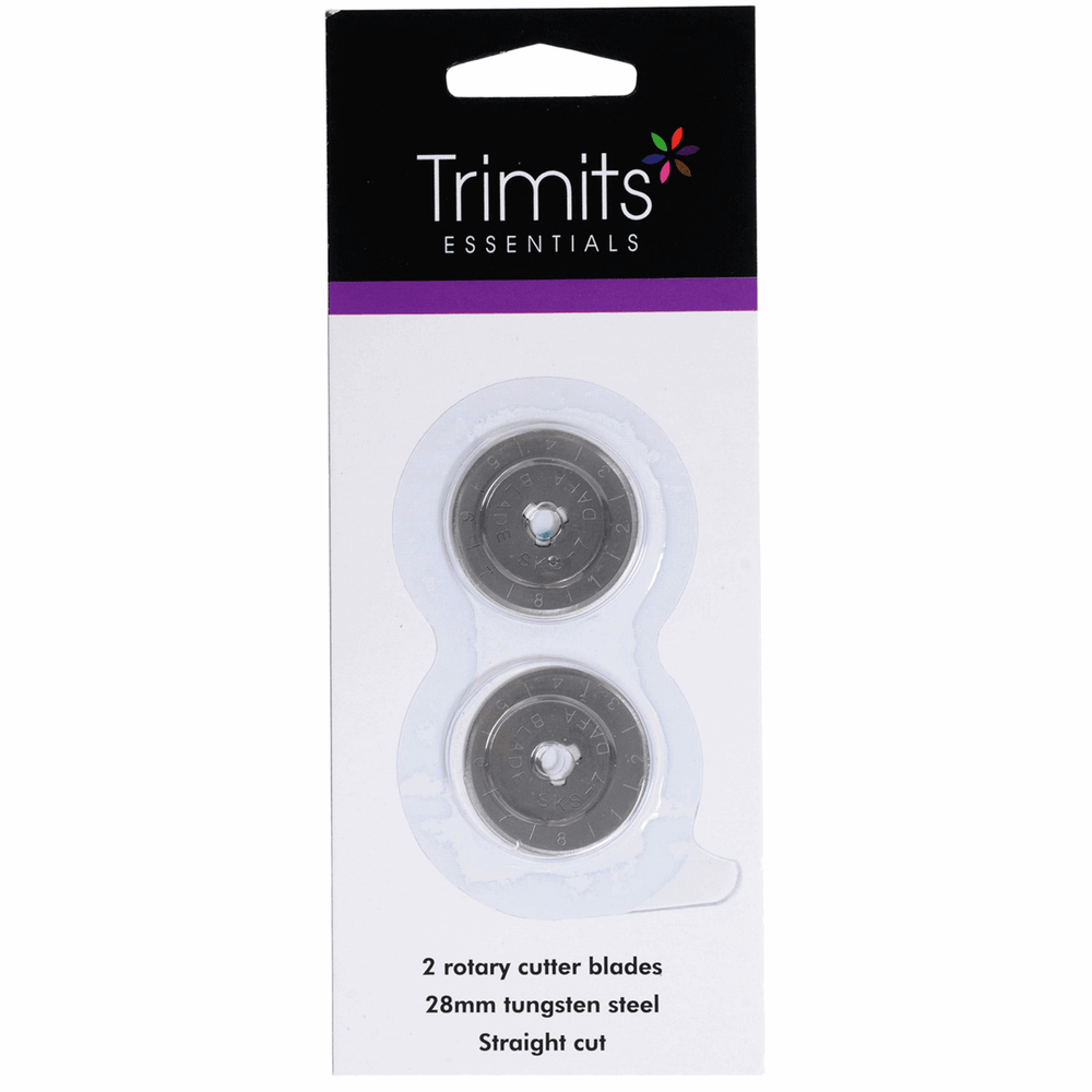 Rotary Cutter Blades: Trimits. 28 mm (2 pack), 45 mm (x1). Tungsten steel, straight cut.