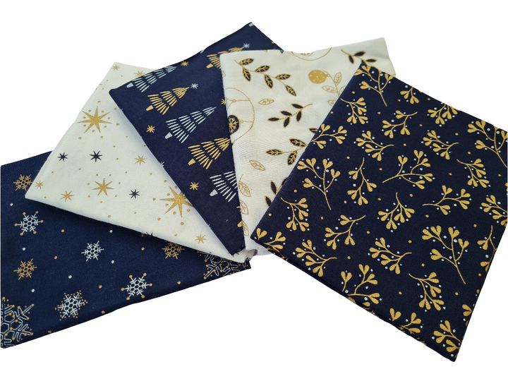 5 Pack Navy & Gold Metallic Christmas 18" X 22" Fabric, 100% Cotton Fat Quarters