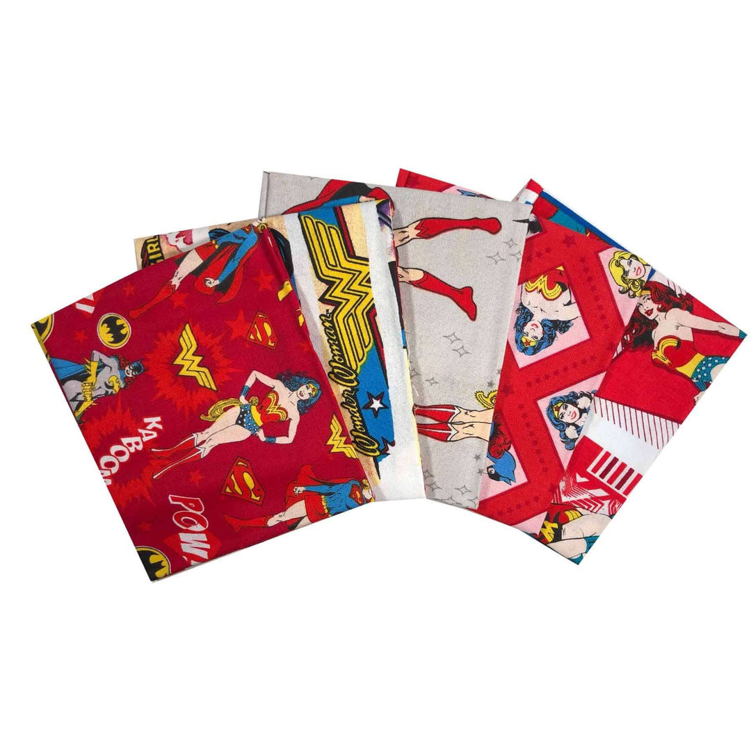 DC Heroines: wonder woman and Batman girls boys kids Superhero bundle of 5 fat quarters. Quilting cotton kids fabrics.