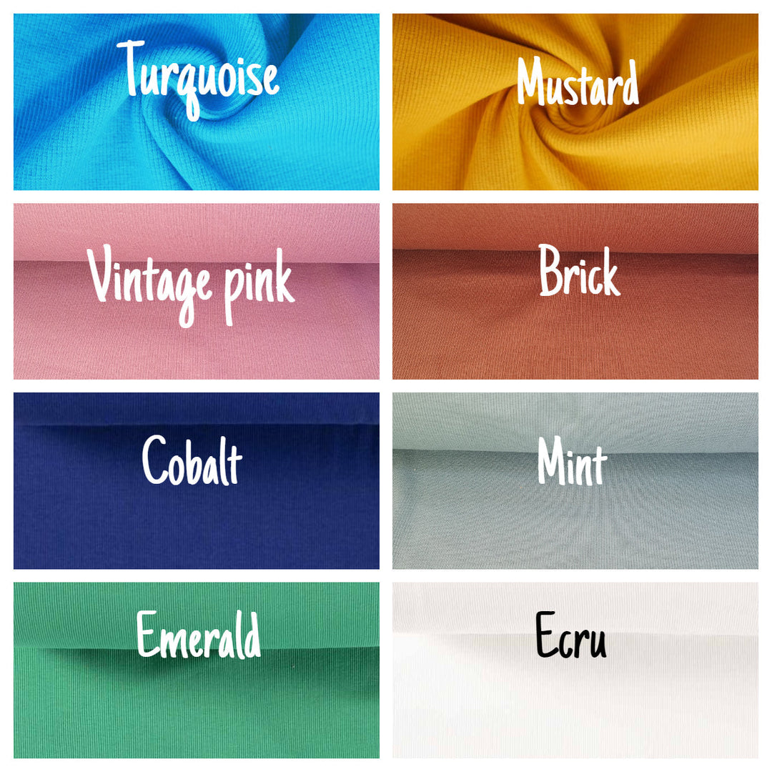 Tubular jersey ribbing knit cotton Oeko-Tex fabric. Ribbed cuffing, waistbands sold per 1/2m