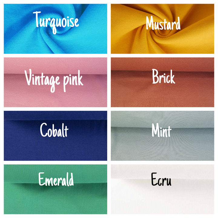 Tubular jersey ribbing knit cotton Oeko-Tex fabric. Ribbed cuffing, waistbands sold per 1/2m