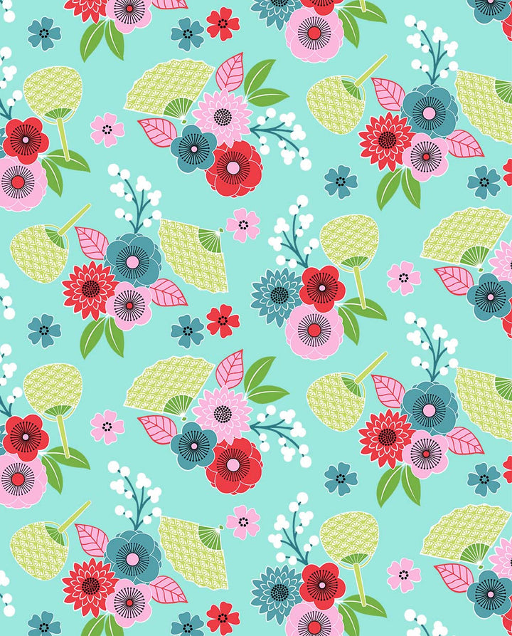 Geisha Girl By Michael Miller. Japanese floral, good fortune cat cotton fabric per 1/2M