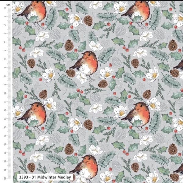 Little Red Robin Christmas cotton fat quarter bundle of 5 quilting fabrics.