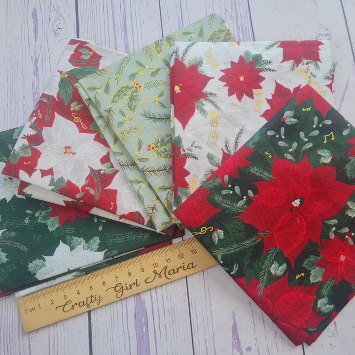 Jolly Poinsettia Christmas metallic cotton fat quarter bundle of 5 quilting fabrics.