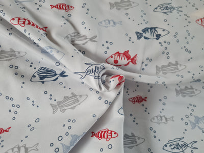 Nautical Fish white cotton French terry jersey knit T-shirt, dressmaking fabric.