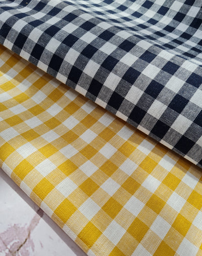 Premium quality 1/4 in Gingham Check Summer cotton fabric. Navy, ochre.