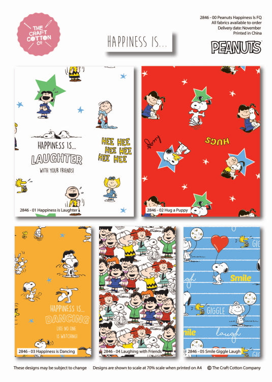 Peanuts "Happiness is" Snoopy Fat quarter bundle of 5 cotton fabrics.