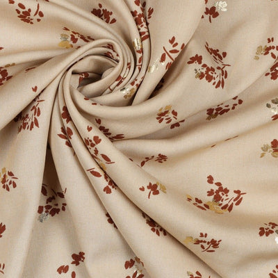 Floral Foil 100% Viscose Challis dress fabric by the half metre. Rose/beige/black.