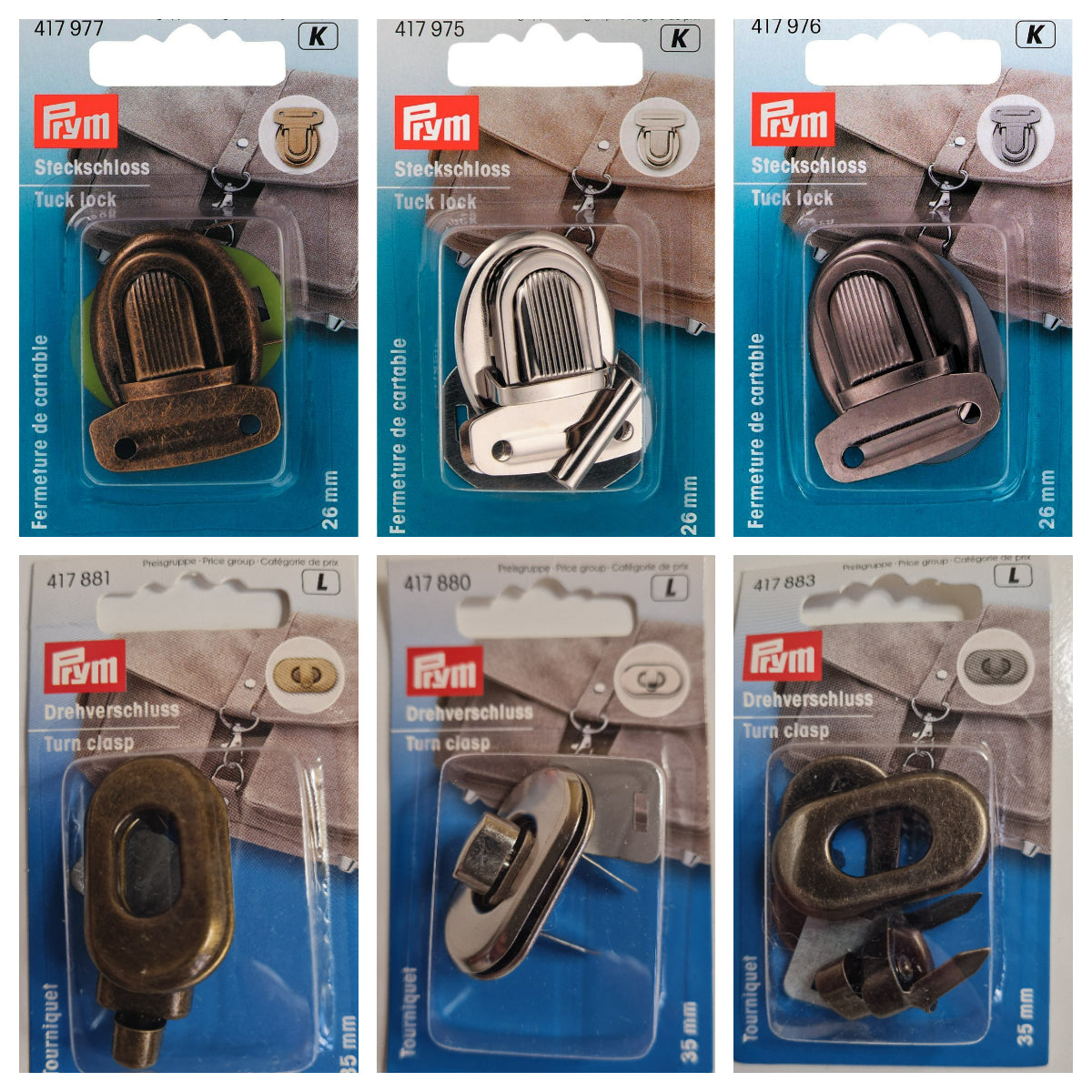Metal tuck lock / turn clasp:  bag closure / catch fasteners for bags. Prym.