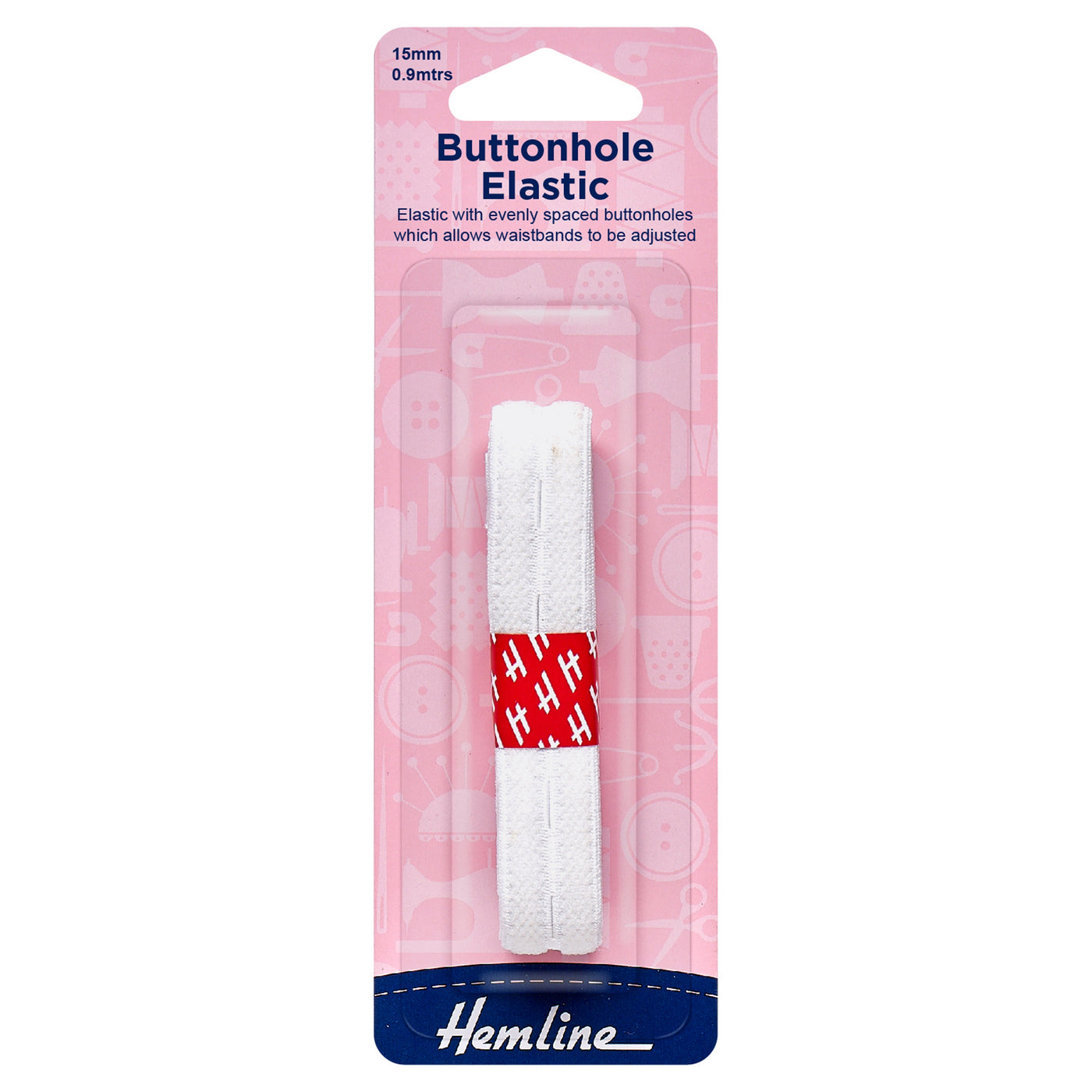 White Hemline Buttonhole Elastic H636: .9 m x 15 mm. Adjustable waistbands