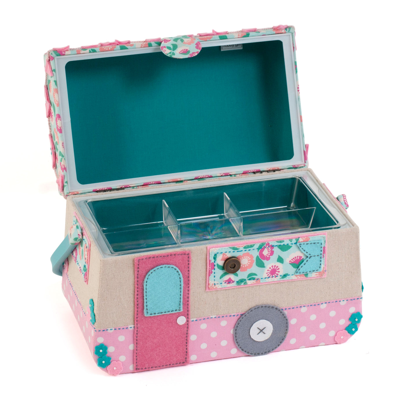 Novelty Caravan sewing box (20.5 x 31 x 16cm.). With lift out compartment.
