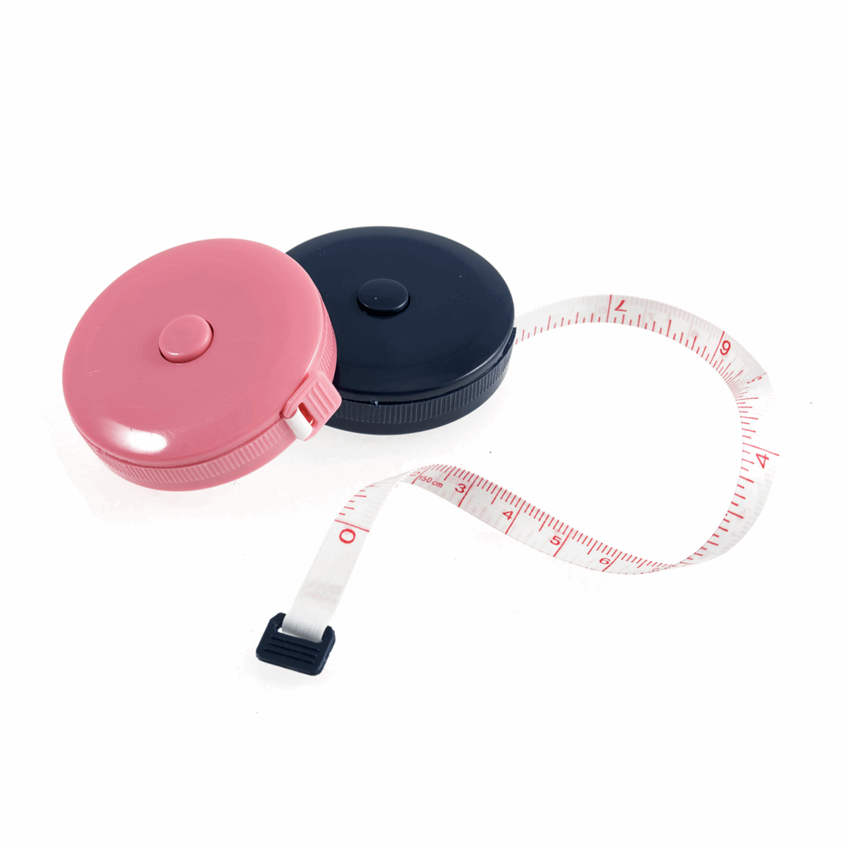 Retractable Tape Measure: Pink/navy blue. Sewing and crafts. 150 cm long. Metric and imperial.