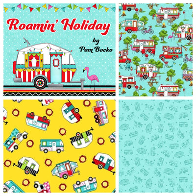 Roaming Holiday By Studio E. Campervan, caravan, camping quilting cotton.