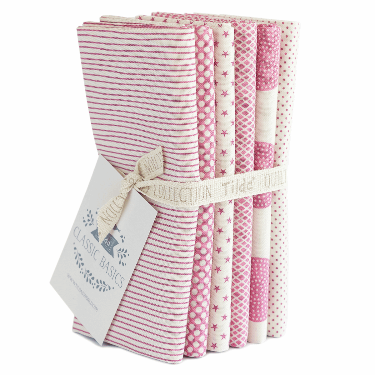 Tilda Classic Basics cotton fat quarter bundles. Grey, pink, light blue. Quilting cotton fabric.