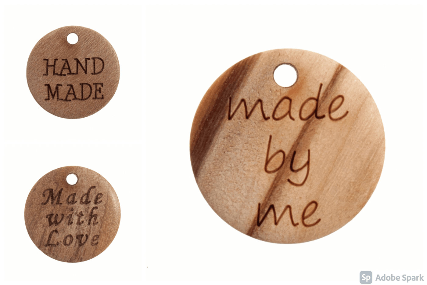 4 x Wooden "hand made", "made by me/with love" Button sewing label tag 18mm