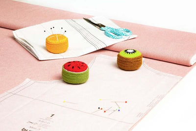 Cute Fruity Crocheted Pin cushion/Fabric weights for sewing, overlocking and crafting. Prym. Kiwi/melon/orange.